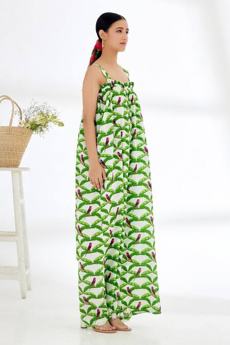 Buy_Nikasha_Off White 100% Cotton Parakeet And Leaf Print Square Neck Hand Painted Jumpsuit _Online_at_Aza_Fashions