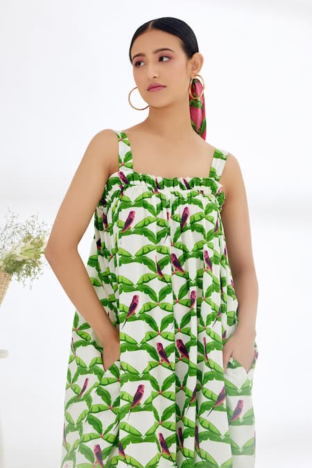 Shop_Nikasha_Off White 100% Cotton Parakeet And Leaf Print Square Neck Hand Painted Jumpsuit _Online_at_Aza_Fashions