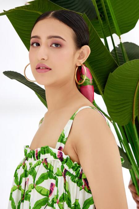 Nikasha_Off White 100% Cotton Parakeet And Leaf Print Square Neck Hand Painted Jumpsuit _at_Aza_Fashions