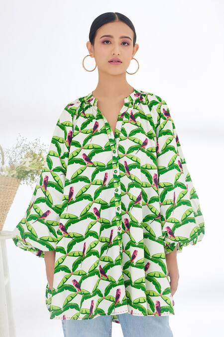 Nikasha_Off White Cotton Poplin Leaf Print And Running Stitch, Parakeet Band Shirt Dress _Online_at_Aza_Fashions