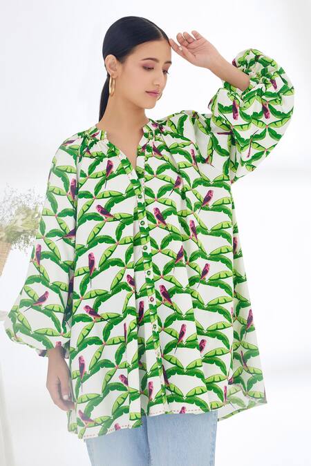 Buy_Nikasha_Off White Cotton Poplin Leaf Print And Running Stitch, Parakeet Band Shirt Dress _Online_at_Aza_Fashions