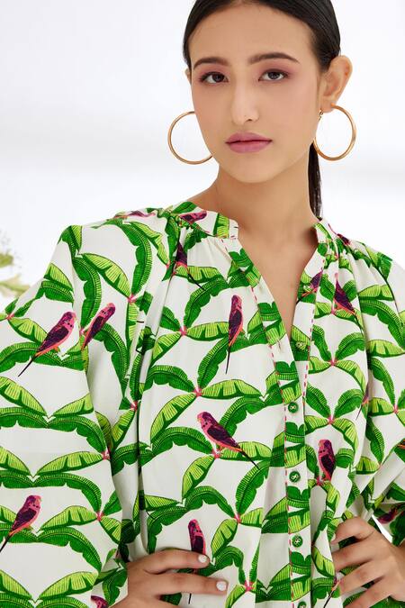 Nikasha_Off White Cotton Poplin Leaf Print And Running Stitch, Parakeet Band Shirt Dress _at_Aza_Fashions