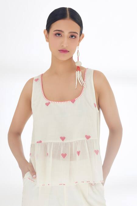 Shop_Nikasha_Cream Handwoven Jamdani Cotton Heart Pattern And Stitch Peplum Top And Pant Set _Online_at_Aza_Fashions