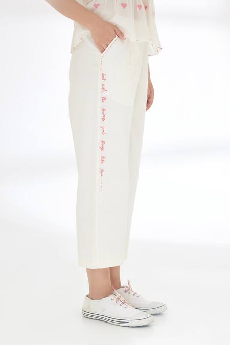 Nikasha_Cream Handwoven Jamdani Cotton Heart Pattern And Stitch Peplum Top And Pant Set _at_Aza_Fashions