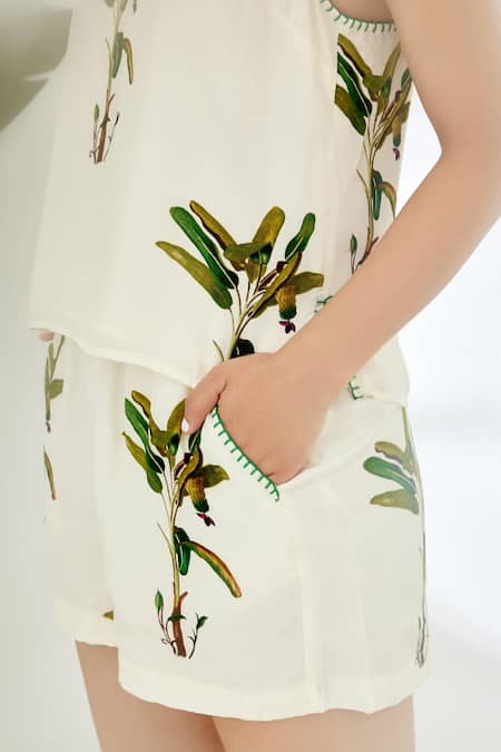 Buy_Nikasha_Off White 100% Crepe Banana Tree Print And Blanket Stitch Top And Short Set _Online_at_Aza_Fashions