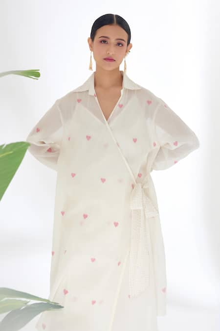Shop_Nikasha_Cream Handwoven Jamdani Cotton Heart Collared Neck Wrap Dress _Online_at_Aza_Fashions