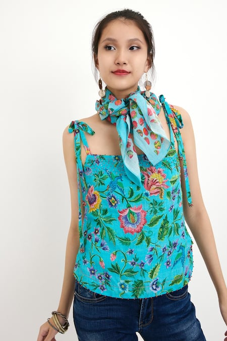 Nikasha_Blue Silk, Lining 100% Chintz Square Neck Tie-up Camisole Top _Online_at_Aza_Fashions