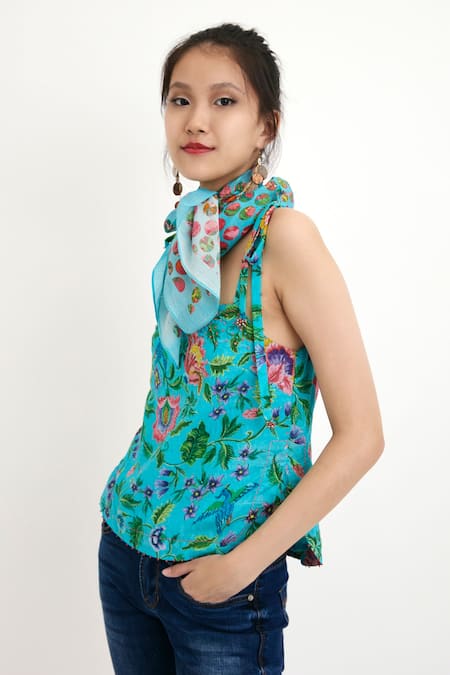 Buy_Nikasha_Blue Silk, Lining 100% Chintz Square Neck Tie-up Camisole Top _Online_at_Aza_Fashions