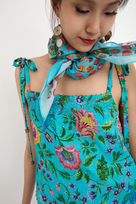 Shop_Nikasha_Blue Silk, Lining 100% Chintz Square Neck Tie-up Camisole Top _Online_at_Aza_Fashions