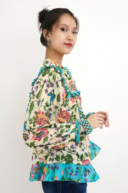 Nikasha_Beige Silk Lining 100% Floral Motifs Band Printed Top _Online_at_Aza_Fashions