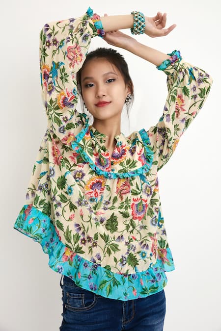 Buy_Nikasha_Beige Silk Lining 100% Floral Motifs Band Printed Top _Online_at_Aza_Fashions