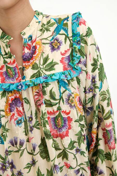 Shop_Nikasha_Beige Silk Lining 100% Floral Motifs Band Printed Top _Online_at_Aza_Fashions