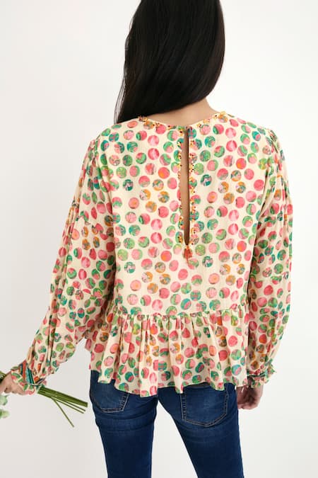 Shop Nikasha Beige Silk Lining 100% Polka Dots Crew Neck Top at Aza Fashions Shop_Nikasha_Beige Silk Lining 100% Polka Dots Crew Neck Top _at_Aza_Fashions