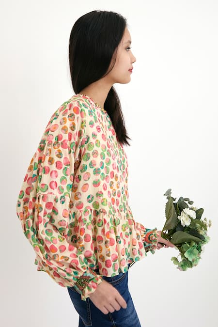 Nikasha Beige Silk Lining 100% Polka Dots Crew Neck Top Online at Aza Fashions Nikasha_Beige Silk Lining 100% Polka Dots Crew Neck Top _Online_at_Aza_Fashions