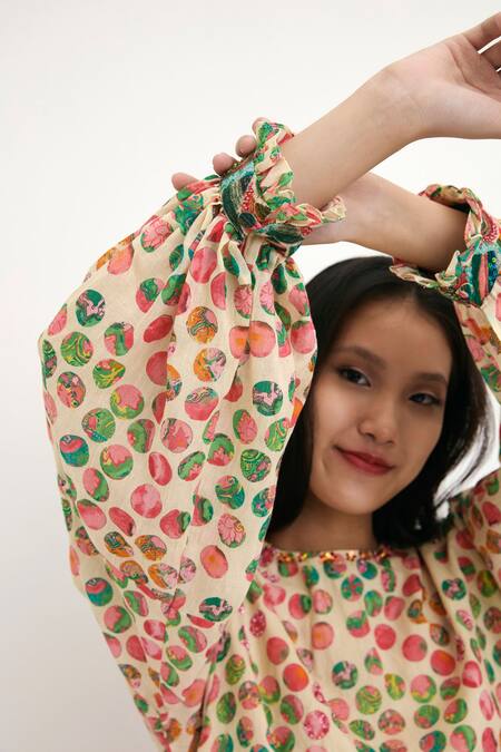 Buy Nikasha Beige Silk Lining 100% Polka Dots Crew Neck Top Online at Aza Fashions Buy_Nikasha_Beige Silk Lining 100% Polka Dots Crew Neck Top _Online_at_Aza_Fashions