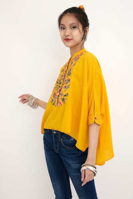 Buy_Nikasha_Yellow 100% , Lining 100% Floral Motifs Band Print Top _Online_at_Aza_Fashions