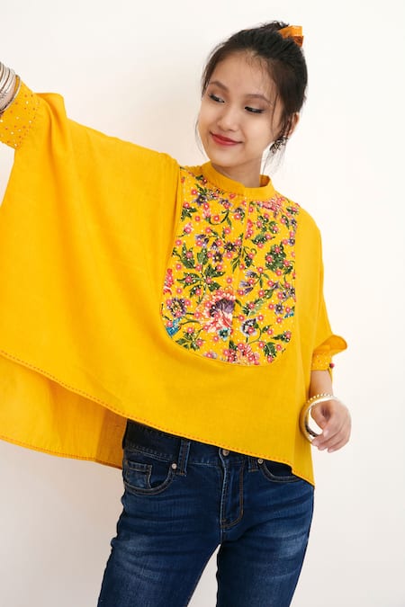 Shop_Nikasha_Yellow 100% , Lining 100% Floral Motifs Band Print Top _Online_at_Aza_Fashions