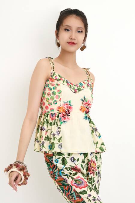 Nikasha_Beige Silk Lining 100% Floral And Pola Printed Tie-up Strap Top _Online_at_Aza_Fashions