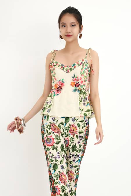 Buy_Nikasha_Beige Silk Lining 100% Floral And Pola Printed Tie-up Strap Top _Online_at_Aza_Fashions