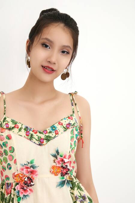 Shop_Nikasha_Beige Silk Lining 100% Floral And Pola Printed Tie-up Strap Top _Online_at_Aza_Fashions