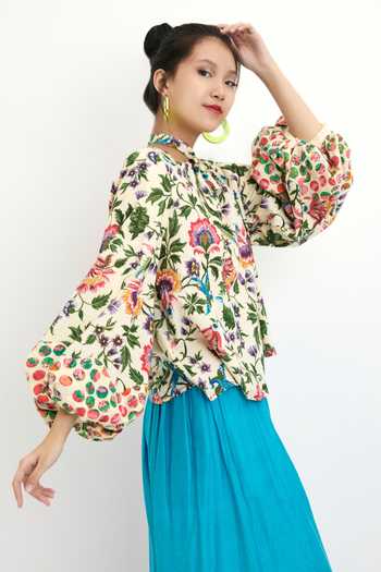 Nikasha_Beige 100% , Lining 100% Floral And Pola Printed Puff Sleeve Top _Online_at_Aza_Fashions