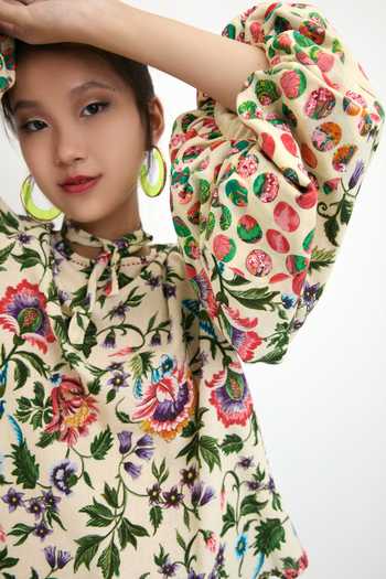 Shop_Nikasha_Beige 100% , Lining 100% Floral And Pola Printed Puff Sleeve Top _Online_at_Aza_Fashions
