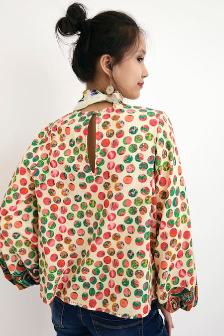 Shop Nikasha Beige 100% , Lining 100% Polka Dots Andwave Printed Puff Sleeve Top at Aza Fashions Shop_Nikasha_Beige 100% , Lining 100% Polka Dots Andwave Printed Puff Sleeve Top _at_Aza_Fashions