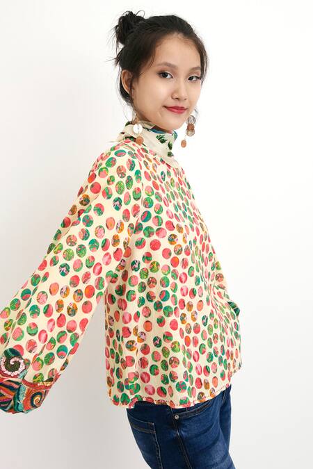 Nikasha Beige 100% , Lining 100% Polka Dots Andwave Printed Puff Sleeve Top Online at Aza Fashions Nikasha_Beige 100% , Lining 100% Polka Dots Andwave Printed Puff Sleeve Top _Online_at_Aza_Fashions