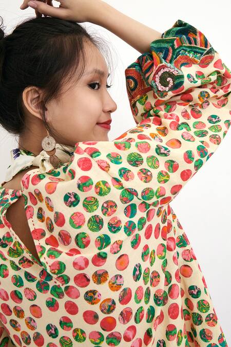 Shop Nikasha Beige 100% , Lining 100% Polka Dots Andwave Printed Puff Sleeve Top Online at Aza Fashions Shop_Nikasha_Beige 100% , Lining 100% Polka Dots Andwave Printed Puff Sleeve Top _Online_at_Aza_Fashions