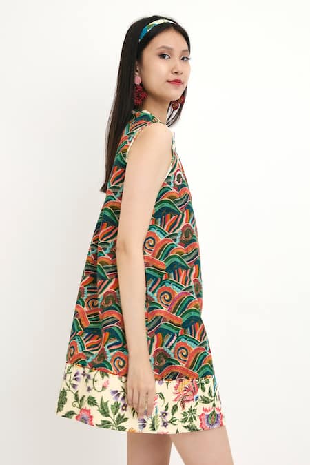 Nikasha_Multi Color 100% , Lining 100% Floral Motifs, Waves Painted Tunic _Online_at_Aza_Fashions