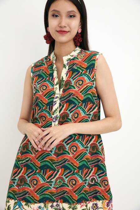 Buy_Nikasha_Multi Color 100% , Lining 100% Floral Motifs, Waves Painted Tunic _Online_at_Aza_Fashions