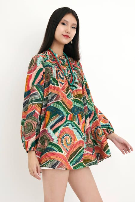 Nikasha_Multi Color 100% , Lining 100% Wave Motifs Band Painted Tunic _Online_at_Aza_Fashions