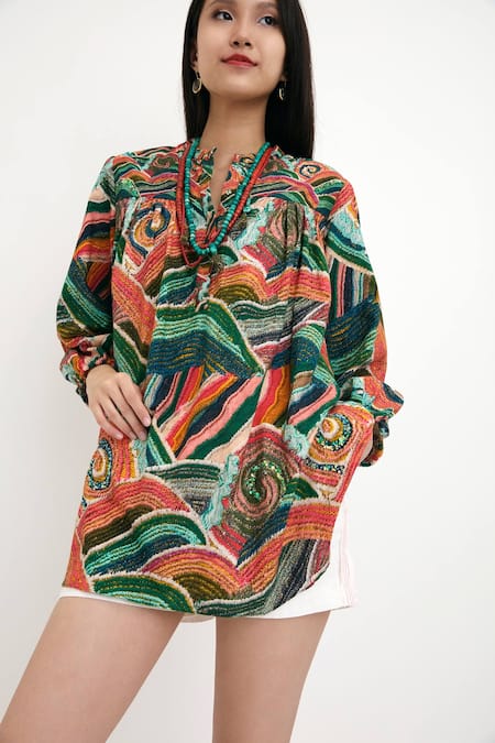 Buy_Nikasha_Multi Color 100% , Lining 100% Wave Motifs Band Painted Tunic _Online_at_Aza_Fashions