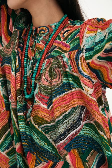 Shop_Nikasha_Multi Color 100% , Lining 100% Wave Motifs Band Painted Tunic _Online_at_Aza_Fashions