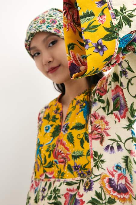 Nikasha_Beige 100% , Lining 100% Floral Motifs V Neck Painted Tunic _Online_at_Aza_Fashions