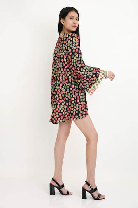 Nikasha_Black 100% , Lining 100% Polka Dots Motifs V Neck Painted Tunic _Online_at_Aza_Fashions