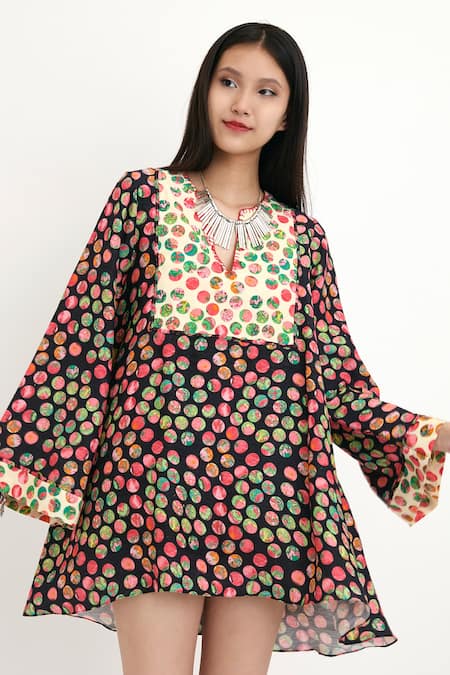 Buy_Nikasha_Black 100% , Lining 100% Polka Dots Motifs V Neck Painted Tunic _Online_at_Aza_Fashions