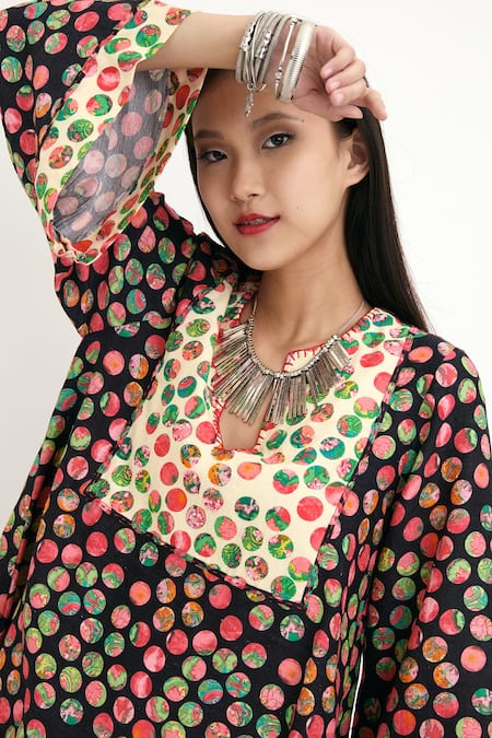 Shop_Nikasha_Black 100% , Lining 100% Polka Dots Motifs V Neck Painted Tunic _Online_at_Aza_Fashions