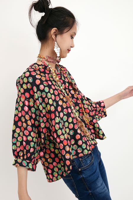 Nikasha_Black 100% Silk Polka Dot V Neck Print Top _Online_at_Aza_Fashions