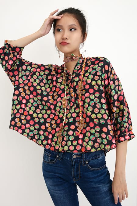 Buy_Nikasha_Black 100% Silk Polka Dot V Neck Print Top _Online_at_Aza_Fashions