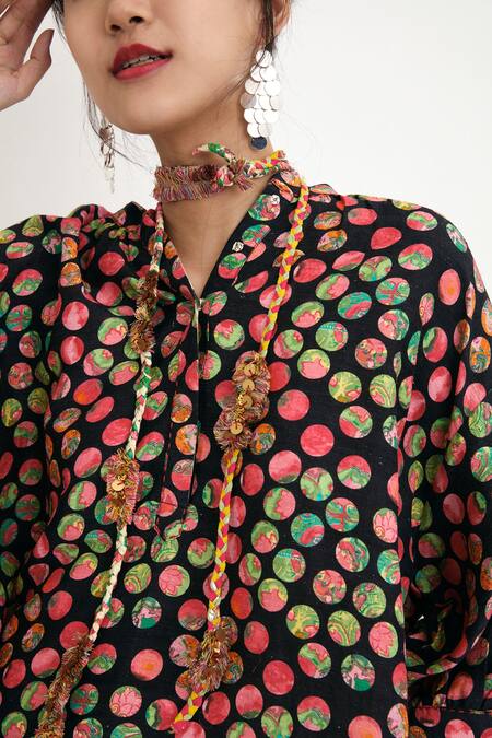 Shop_Nikasha_Black 100% Silk Polka Dot V Neck Print Top _Online_at_Aza_Fashions