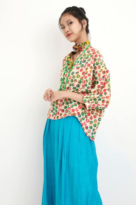 Nikasha_Beige 100% Silk Polka Dot V Neck Print Top _Online_at_Aza_Fashions