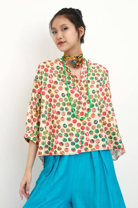 Buy_Nikasha_Beige 100% Silk Polka Dot V Neck Print Top _Online_at_Aza_Fashions