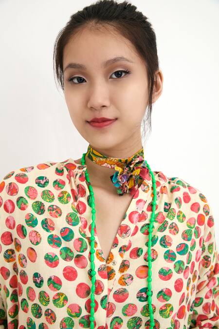 Shop_Nikasha_Beige 100% Silk Polka Dot V Neck Print Top _Online_at_Aza_Fashions