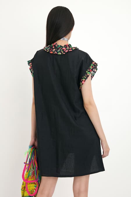 Shop_Nikasha_Black Polka Dot V Neck Cotton Silk Frill Tunic _at_Aza_Fashions
