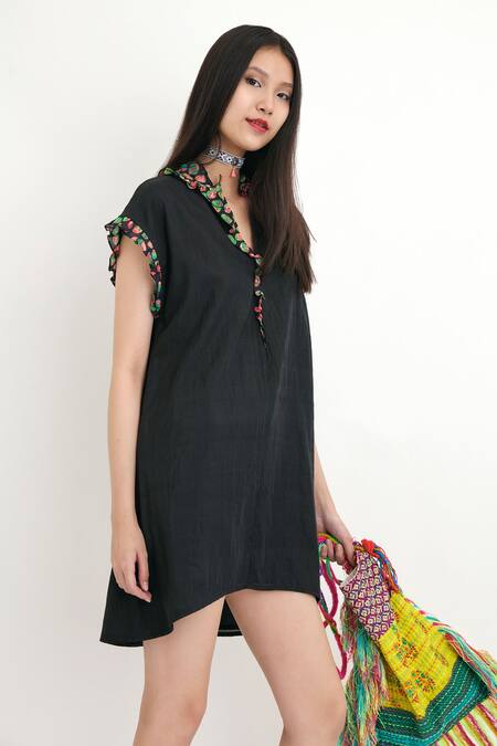 Nikasha_Black Polka Dot V Neck Cotton Silk Frill Tunic _Online_at_Aza_Fashions