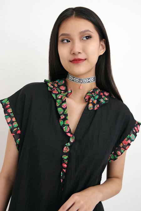 Buy_Nikasha_Black Polka Dot V Neck Cotton Silk Frill Tunic _Online_at_Aza_Fashions