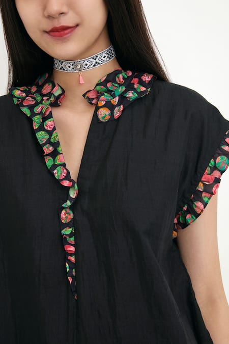 Shop_Nikasha_Black Polka Dot V Neck Cotton Silk Frill Tunic _Online_at_Aza_Fashions
