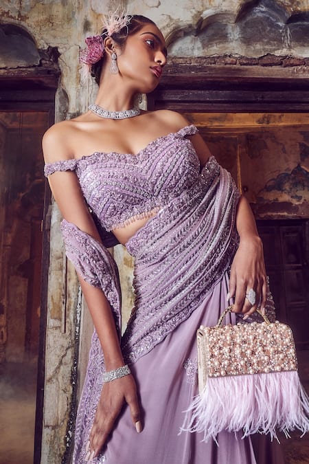 Shop_Nitika Gujral_Purple Georgette, Net Beads, Embroidered Lehenga Saree With Off Shoulder Blouse _Online_at_Aza_Fashions