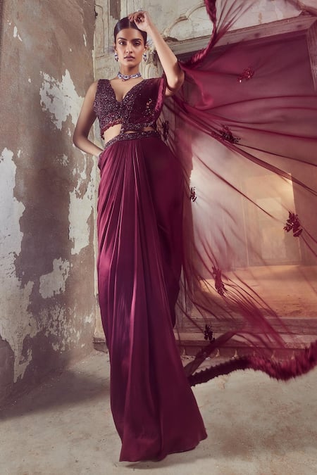 Nitika Gujral_Maroon Net, Satin Beads, Crystals Plunge Draped Saree With Embroidered V Blouse _at_Aza_Fashions